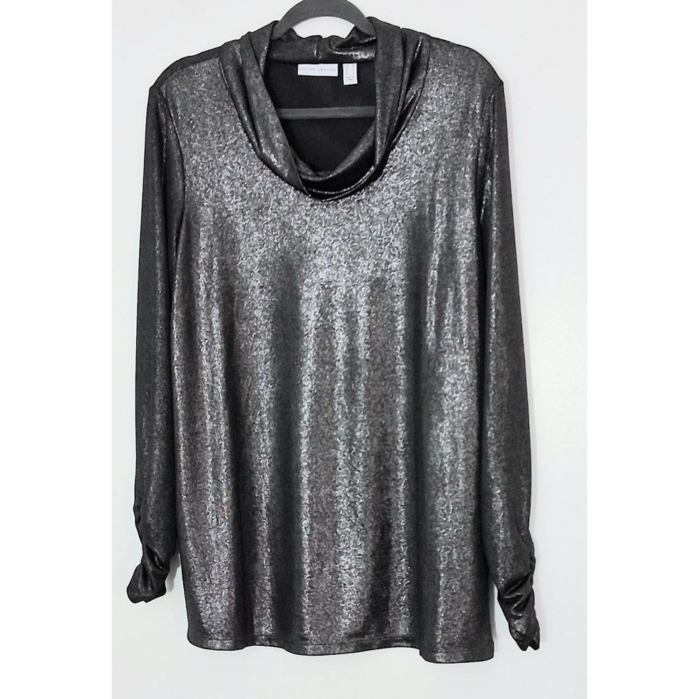 Susan Graver Tunic Top Size M Black Metallic Cowl Neck Sheer Ruched‎ Sleeves